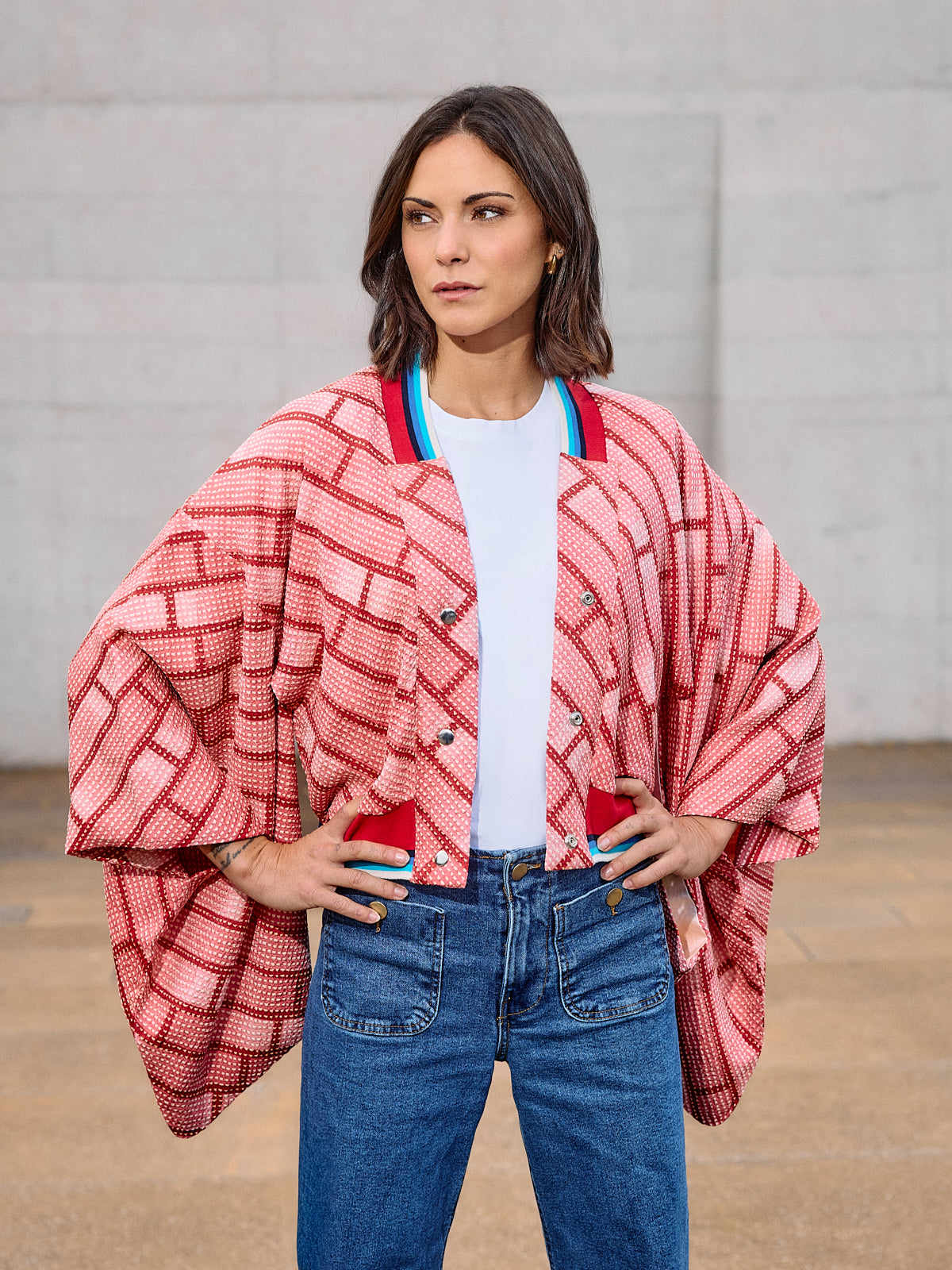 Vintage Seiden-Kimono Collegejacke rot